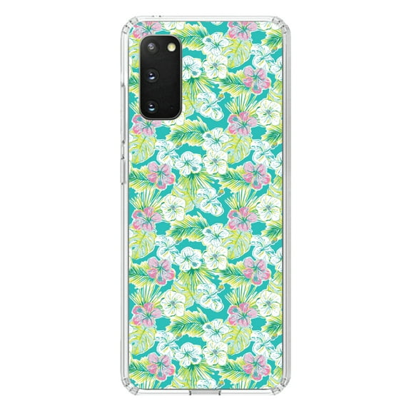 DistinctInk Clear Shockproof Hybrid Case for Galaxy S20 / S20 5G (6.2" Screen) - TPU Bumper, Acrylic Back, Tempered Glass Screen Protector - Preppy Pattern - Green Pink White Flowers Floral