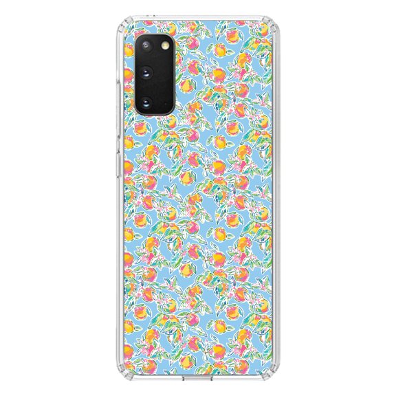 DistinctInk Clear Shockproof Hybrid Case for Galaxy S20 / S20 5G (6.2" Screen) - TPU Bumper, Acrylic Back, Tempered Glass Screen Protector - Preppy Pattern - Orange & Blue Flowers Floral