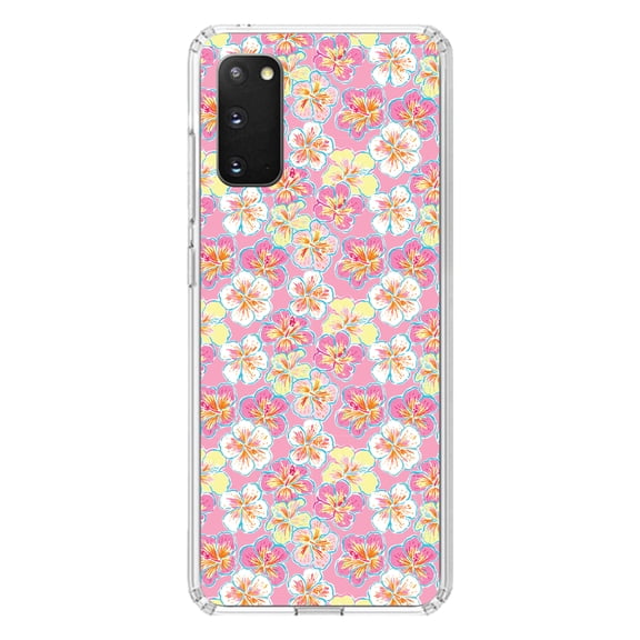 DistinctInk Clear Shockproof Hybrid Case for Galaxy S20 / S20 5G (6.2" Screen) - TPU Bumper, Acrylic Back, Tempered Glass Screen Protector - Preppy Pattern - Yellow White Pink Flowers Floral