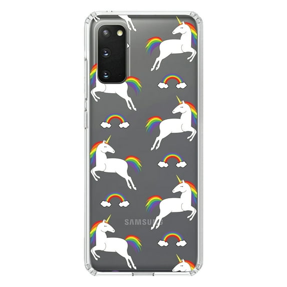 DistinctInk Clear Shockproof Hybrid Case for Galaxy S20 / S20 5G (6.2" Screen) - TPU Bumper, Acrylic Back, Tempered Glass Screen Protector - Rainbows & Unicorns