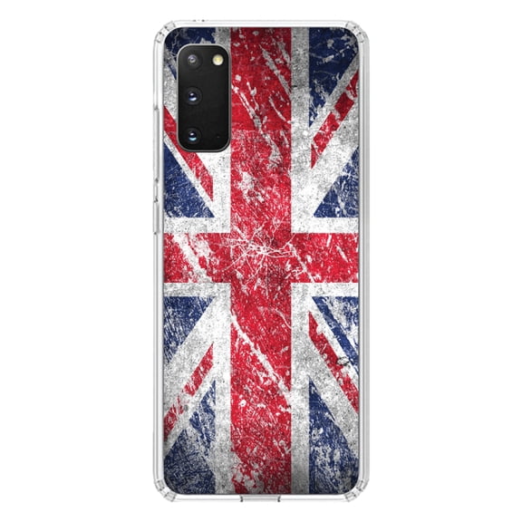 DistinctInk Clear Shockproof Hybrid Case for Galaxy S20 / S20 5G (6.2" Screen) - TPU Bumper, Acrylic Back, Tempered Glass Screen Protector - Red White Blue British Flag Weathered - the UK
