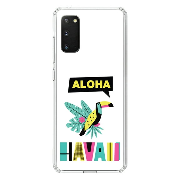DistinctInk Clear Shockproof Hybrid Case for Galaxy S20 / S20 5G (6.2" Screen) - TPU Bumper, Acrylic Back, Tempered Glass Screen Protector - Summer Graphics - Aloha Hawaii Yellow Teal Pink