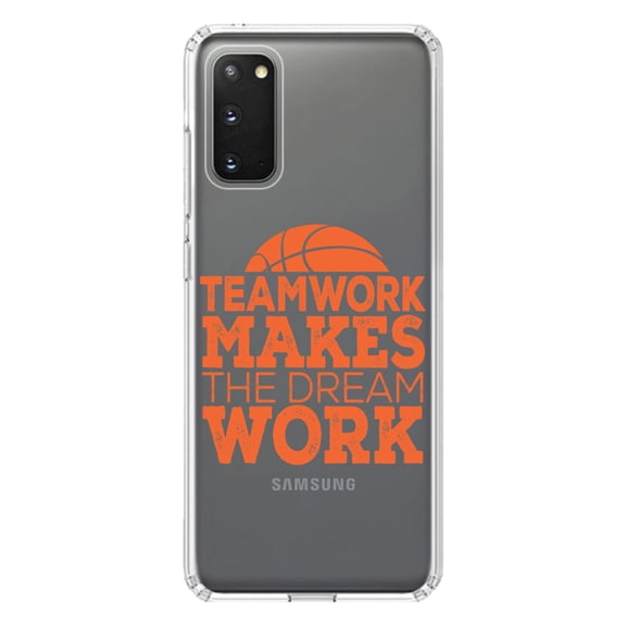 DistinctInk Clear Shockproof Hybrid Case for Galaxy S20 / S20 5G (6.2" Screen) - TPU Bumper Acrylic Back Tempered Glass Screen Protector - Teamwork Makes the Dream Work Basketball