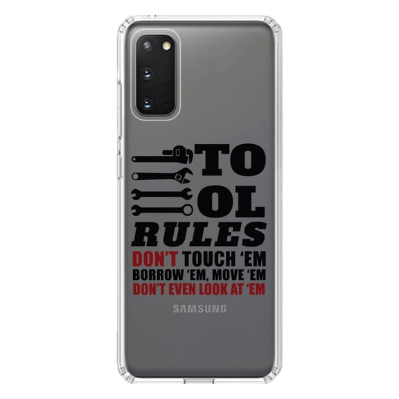 DistinctInk Clear Shockproof Hybrid Case for Galaxy S20 / S20 5G (6.2" Screen) - TPU Bumper Acrylic Back Tempered Glass Screen Protector - Tool Rules Don't Touch Borrow Move Look