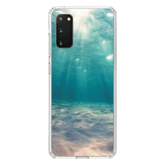 DistinctInk Clear Shockproof Hybrid Case for Galaxy S20 / S20 5G (6.2" Screen) - TPU Bumper, Acrylic Back, Tempered Glass Screen Protector - Underwater Sun Sand