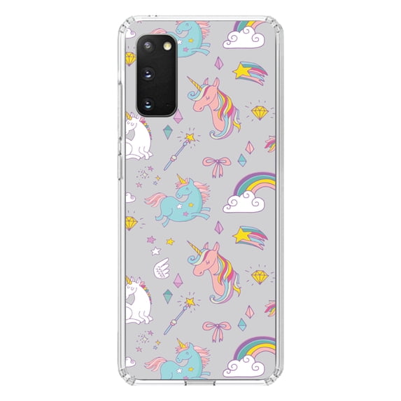 DistinctInk Clear Shockproof Hybrid Case for Galaxy S20 / S20 5G (6.2" Screen) - TPU Bumper, Acrylic Back, Tempered Glass Screen Protector - Unicorn Rainbow Wand Pattern - Grey