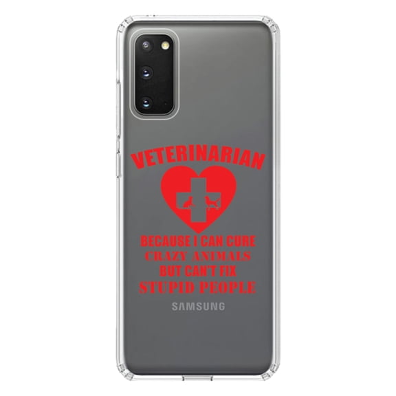 DistinctInk Clear Shockproof Hybrid Case for Galaxy S20 / S20 5G (6.2" Screen) - TPU Bumper Acrylic Back Tempered Glass Screen Protector - Vets Cure Crazy Animals But Can't Fix Stupid