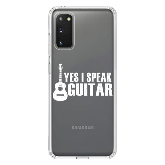 DistinctInk Clear Shockproof Hybrid Case for Galaxy S20 / S20 5G (6.2" Screen) - TPU Bumper Acrylic Back Tempered Glass Screen Protector - Yes I Speak Guitar