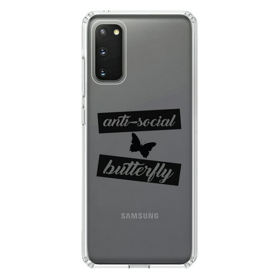 DistinctInk Clear Shockproof Hybrid Case for Galaxy S20 ULTRA / 5G (6.9" Screen) - TPU Bumper Acrylic Back Tempered Glass Screen Protector - Anti-Social Butterfly