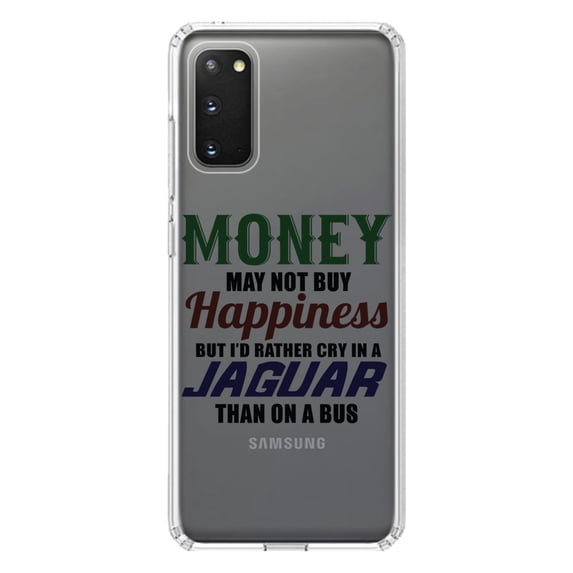 DistinctInk Clear Shockproof Hybrid Case for Galaxy S20 ULTRA / 5G (6.9" Screen) - TPU Bumper Acrylic Back Tempered Glass Screen Protector - Money Can't Buy Happiness, Rather Cry in Jaguar