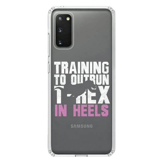 DistinctInk Clear Shockproof Hybrid Case for Galaxy S20 ULTRA / 5G (6.9" Screen) - TPU Bumper Acrylic Back Tempered Glass Screen Protector - Training to Outrun T-Rex in Heels
