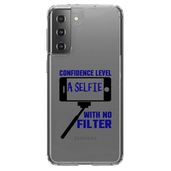 DistinctInk Clear Hybrid Case for Samsung Galaxy S21 (6.2" Screen) - Confidence Level Selfie with No Filter - Raised Bezel Screen Guard