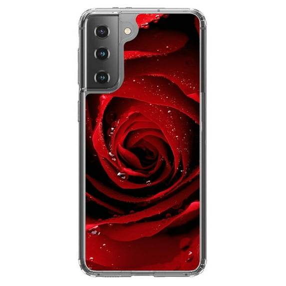 DistinctInk Clear Hybrid Case for Samsung Galaxy S21 (6.2" Screen) - Dew Covered Red Rose - Wireless Charging Compatible