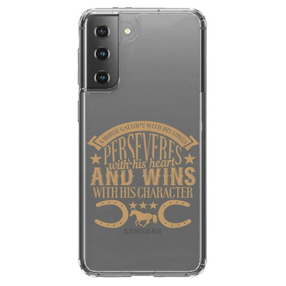 DistinctInk Clear Hybrid Case for Samsung Galaxy S21 (6.2" Screen) - Horse Gallops, Perseveres, Wins - Raised Bezel Screen Guard