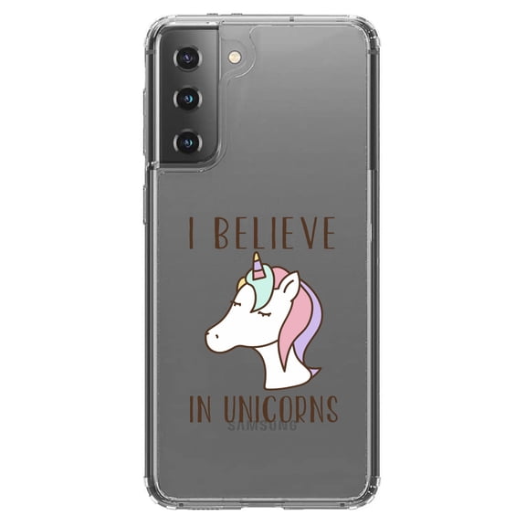 DistinctInk Clear Hybrid Case for Samsung Galaxy S21 (6.2" Screen) - I Believe in Unicorns - Raised Bezel Screen Guard