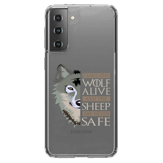 DistinctInk Clear Hybrid Case for Samsung Galaxy S21 (6.2" Screen) - One Wolf Alive, Sheep Never Safe - Raised Bezel Screen Guard