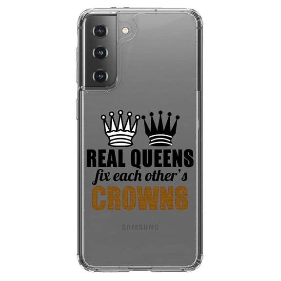 DistinctInk Clear Hybrid Case for Samsung Galaxy S21 (6.2" Screen) - Real Queens Fix Each Other's Crowns - Wireless Charging Compatible
