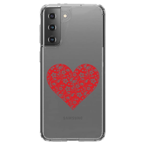 DistinctInk Clear Hybrid Case for Samsung Galaxy S21 (6.2" Screen) - Red Floral Heart Clear - Raised Bezel Screen Guard