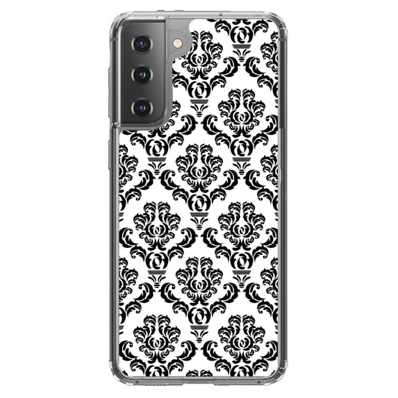 DistinctInk Clear Hybrid Case for Samsung Galaxy S21 (6.2" Screen) - Floral Damask Pattern - Tempered Glass Back