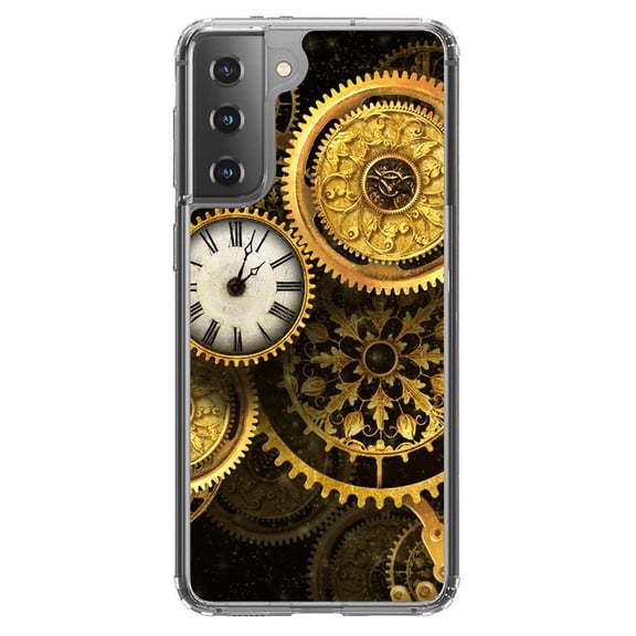 DistinctInk Clear Hybrid Case for Samsung Galaxy S21 Plus (6.7" Screen) - Clocks Clockwork Gold - Lightweight Grip
