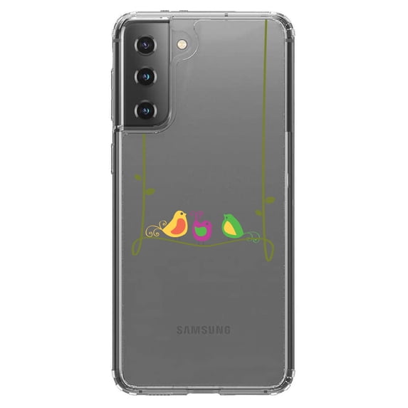DistinctInk Clear Hybrid Case for Samsung Galaxy S21 Plus (6.7" Screen) - Colorful Birds Cartoon on a Vine - Tempered Glass Back