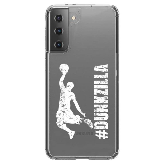 DistinctInk Clear Hybrid Case for Samsung Galaxy S21 Plus (6.7" Screen) - #Dunkzilla Dunk Basketball - Tempered Glass Back
