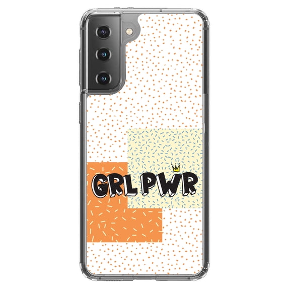 DistinctInk Clear Hybrid Case for Samsung Galaxy S21 Plus (6.7" Screen) - Crown, Polka Dots - Tempered Glass Back