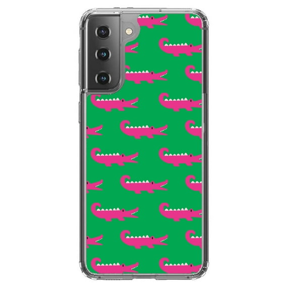 DistinctInk Clear Shockproof Hybrid Case for Galaxy S21+ PLUS 5G (6.7" Screen) - TPU Bumper, Acrylic Back, Tempered Glass Screen Protector - Green Pink Alligators - Cartoon Alligators
