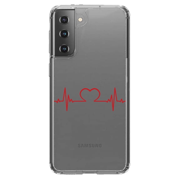 DistinctInk Clear Hybrid Case for Samsung Galaxy S21 Plus (6.7" Screen) - Heart Pulse EKG Red Valentine - Slim Profile Design