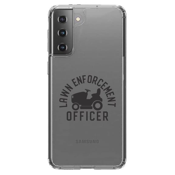 DistinctInk Clear Hybrid Case for Samsung Galaxy S21 Plus (6.7" Screen) - Lawn Enforcement Officer, Lawnmower - Wireless Charging Compatible