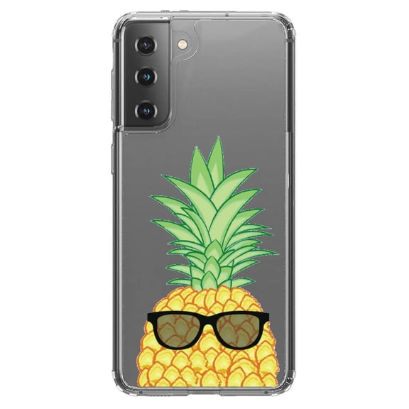 DistinctInk Clear Hybrid Case for Samsung Galaxy S21 Plus (6.7" Screen) - Pineapple Top with Shades - Wireless Charging Compatible