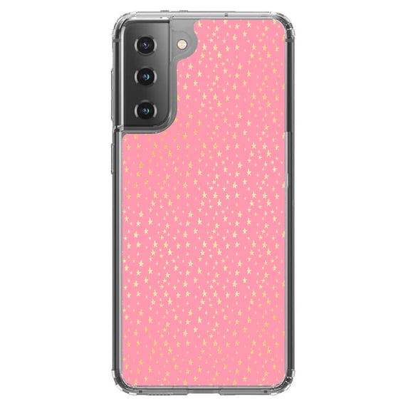 DistinctInk Clear Hybrid Case for Samsung Galaxy S21 Plus (6.7" Screen) - Pink & Gold Star Pattern - Lightweight Grip