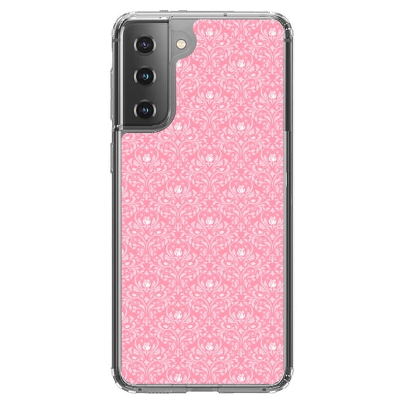 DistinctInk Clear Hybrid Case for Samsung Galaxy S21 Plus (6.7" Screen) - Pink & White Rose Pattern - Wireless Charging Compatible
