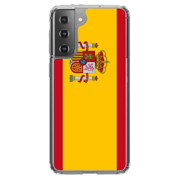 DistinctInk Clear Shockproof Hybrid Case for Galaxy S21+ PLUS 5G (6.7" Screen) - TPU Bumper, Acrylic Back, Tempered Glass Screen Protector - Spain Spanish Flag Red Yellow - Love of Spain