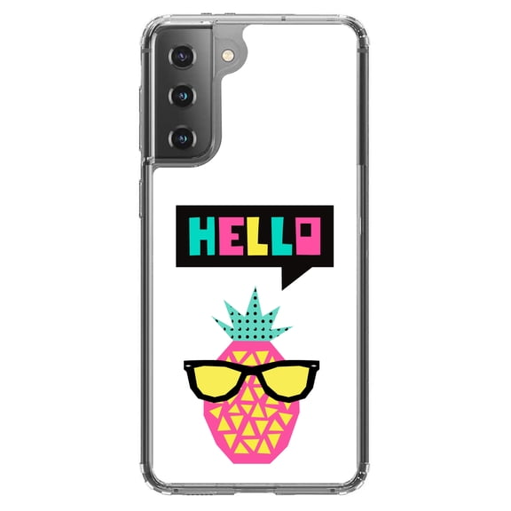 DistinctInk Clear Hybrid Case for Samsung Galaxy S21 Plus (6.7" Screen) - Hello Cartoon Pineapple - Wireless Charging Compatible