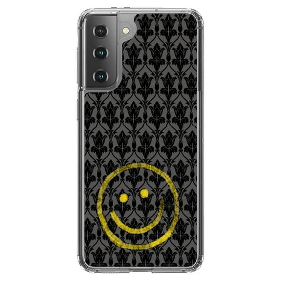 DistinctInk Clear Hybrid Case for Samsung Galaxy S21 Plus (6.7" Screen) - Yellow Smiley Face Black Grey Damask - Lightweight Grip