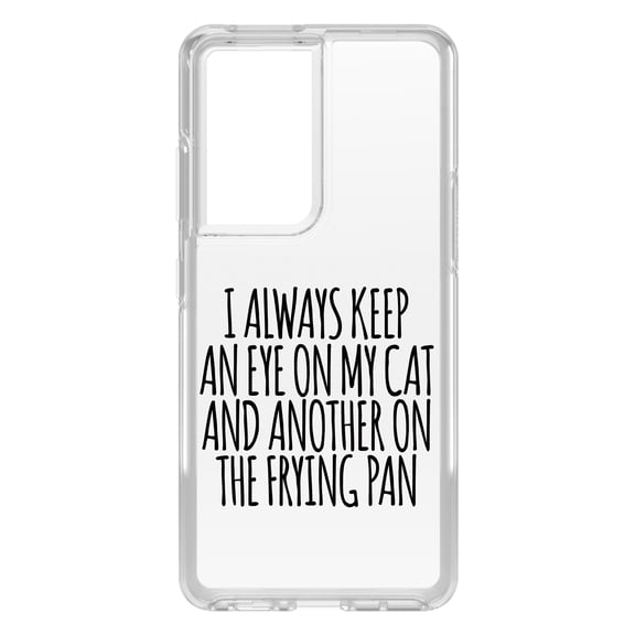 DistinctInk Clear Shockproof Hybrid Case for Galaxy S21 ULTRA 5G (6.8" Screen) - TPU Bumper Acrylic Back Tempered Glass Screen Protector - Always Keep Eye on Cat and on Frying Pan