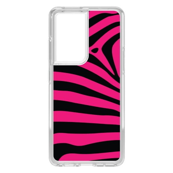 DistinctInk Clear Hybrid Case for Samsung Galaxy S21 Ultra (6.8" Screen) - Black Hot Pink Zebra Skin Stripes - Tempered Glass Back