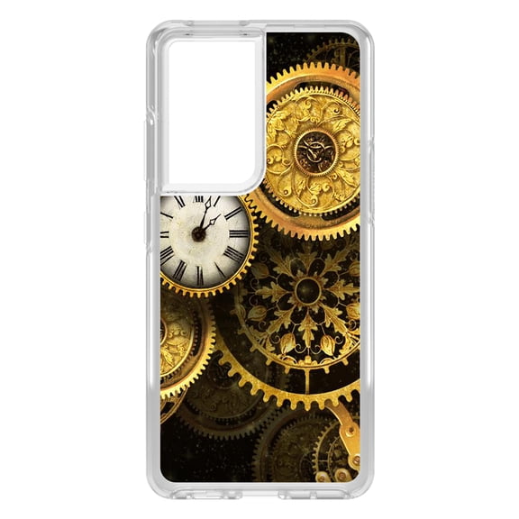 DistinctInk Clear Hybrid Case for Samsung Galaxy S21 Ultra (6.8" Screen) - Clocks Clockwork Gold - Raised Bezel Screen Guard
