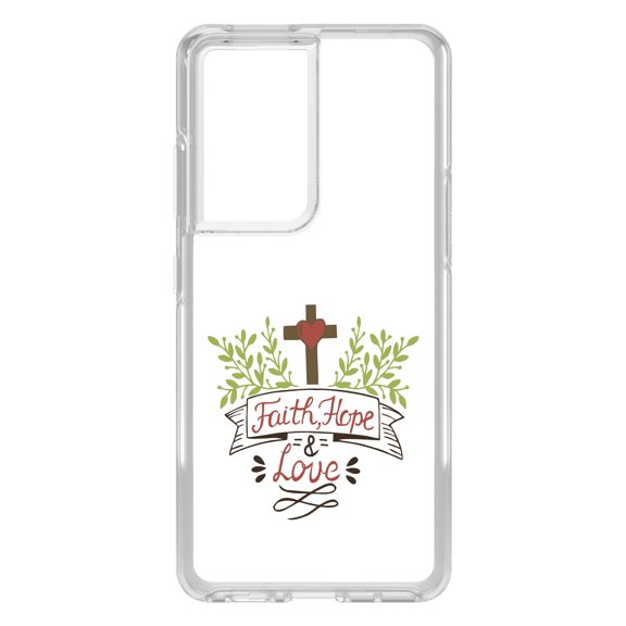 DistinctInk Clear Hybrid Case for Samsung Galaxy S21 Ultra (6.8" Screen) - Cross & Leaves - Lightweight Grip