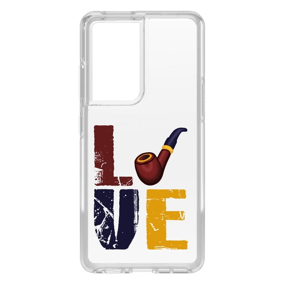 DistinctInk Clear Hybrid Case for Samsung Galaxy S21 Ultra (6.8" Screen) - Love Pipe Smoking - Tempered Glass Back
