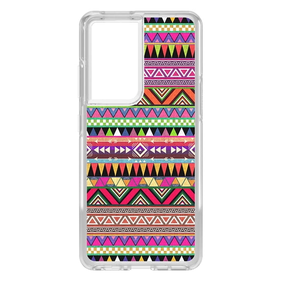 DistinctInk Clear Hybrid Case for Samsung Galaxy S21 Ultra (6.8" Screen) - Pink Blue Orange Tribal Print - Shockproof Protection