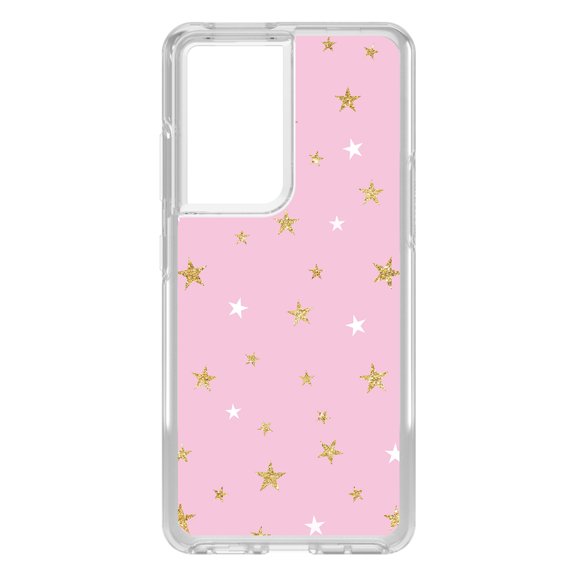 DistinctInk Clear Shockproof Hybrid Case for Galaxy S21 ULTRA 5G (6.8" Screen) - TPU Bumper, Acrylic Back, Tempered Glass Screen Protector - Pink & Gold Print - Stars Pattern