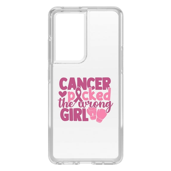 DistinctInk Clear Hybrid Case for Samsung Galaxy S21 Ultra (6.8" Screen) - Pink Ribbon Cancer Picked the Wrong Girl - Wireless Charging Compatible