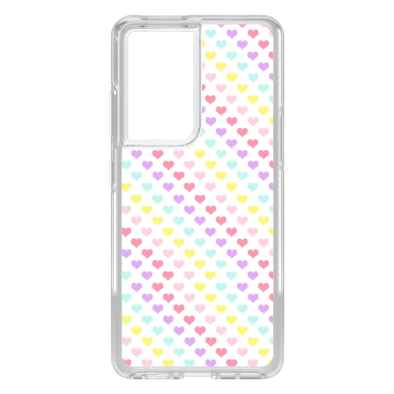 DistinctInk Clear Hybrid Case for Samsung Galaxy S21 Ultra (6.8" Screen) - Rainbow Hearts Diagonal Pattern - Shockproof Protection