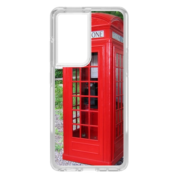 DistinctInk Clear Hybrid Case for Samsung Galaxy S21 Ultra (6.8" Screen) - Red London Phone Booth - Wireless Charging Compatible