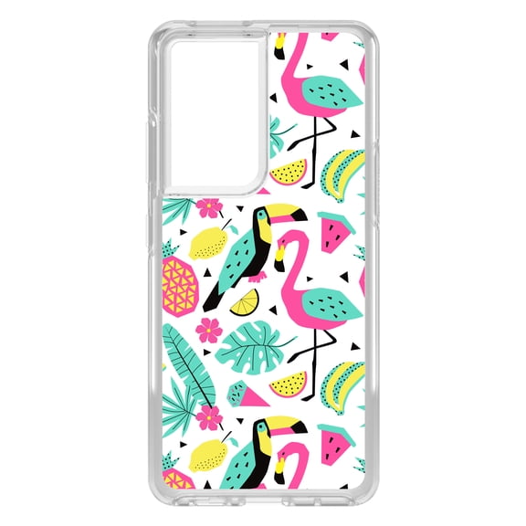 DistinctInk Clear Hybrid Case for Samsung Galaxy S21 Ultra (6.8" Screen) - Flamingo Toucan Pineapple - Slim Profile Design
