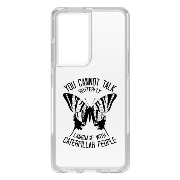 DistinctInk Clear Hybrid Case for Samsung Galaxy S21 Ultra (6.8" Screen) - Can't Talk Butterfly with Caterpillar People - Slim Profile Design