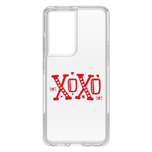 DistinctInk Clear Hybrid Case for Samsung Galaxy S21 Ultra (6.8" Screen) - XOXO Red Hearts Valentine - Raised Bezel Screen Guard
