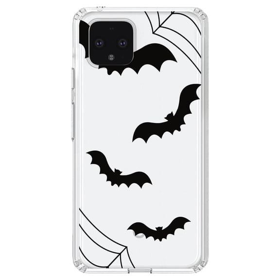 DistinctInk Clear Shockproof Hybrid Case for Google Pixel 4 (5.7" Screen) - TPU Bumper, Acrylic Back, Tempered Glass Screen Protector - Bats and Spider Webs
